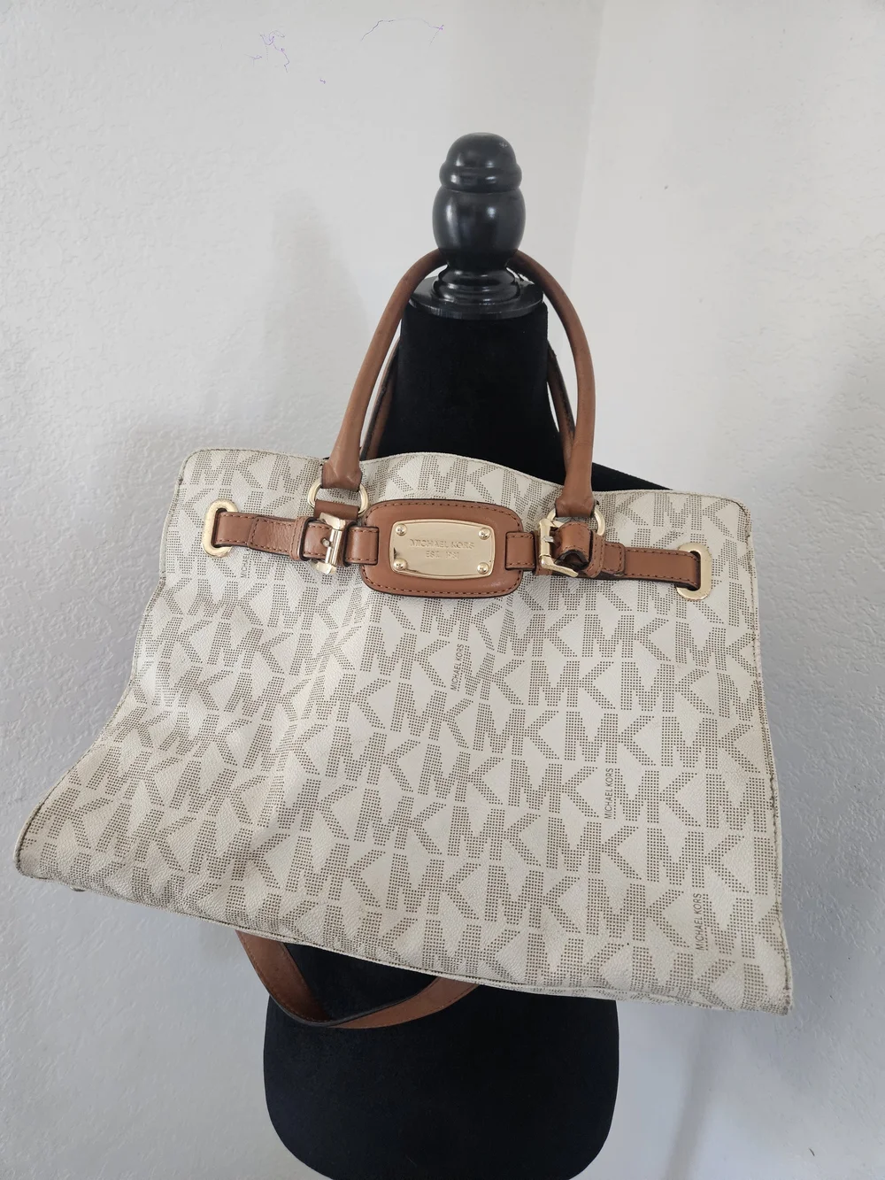 Michael Kors Beige Logo Tote with Brown Leather Handles and Gold Hardware